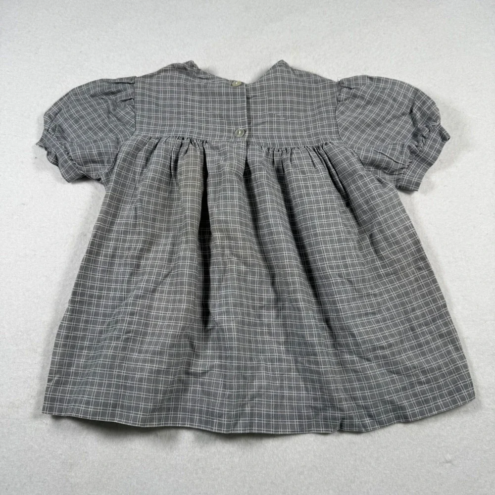 Vintage Wonderland Girls Grey Grid Teddy Bear Lace Collar Dress Size 5 USA Made